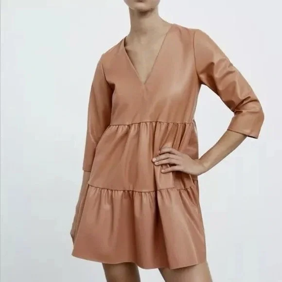 Zara AW21 Beige-Pink Vegan Leather V Neck Short Tiered Dress Size XS - Picture 1 of 6